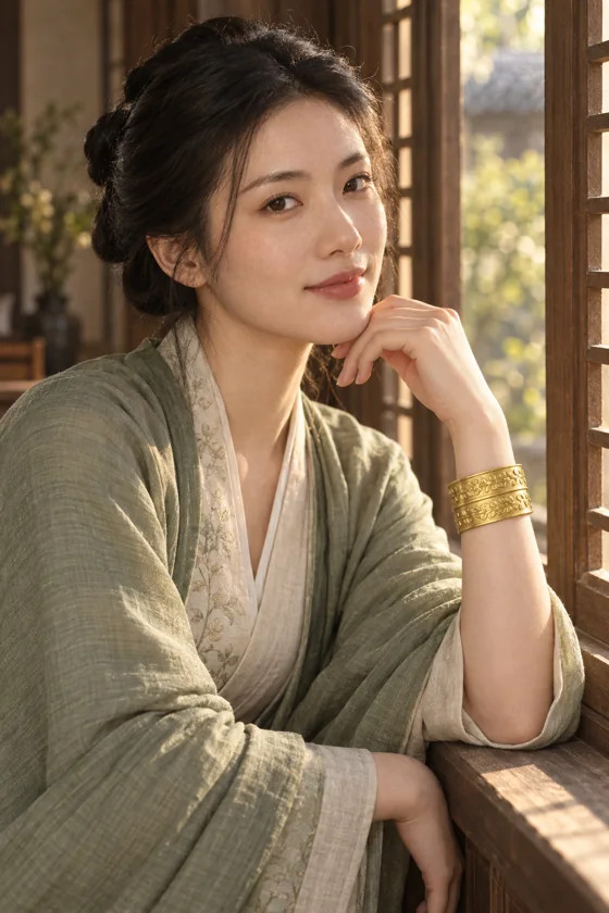 AI生成的宋韵服饰女性在木窗旁佩戴花卉纹金镯的写实效果图
