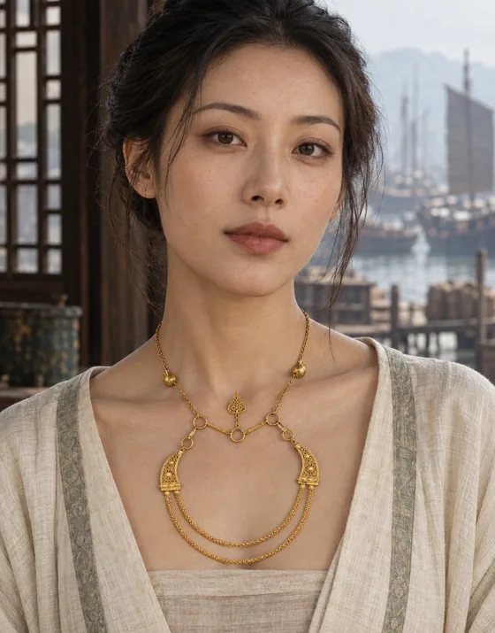 AI生成的历史氛围女性佩戴双重顶链金项链的写实效果图